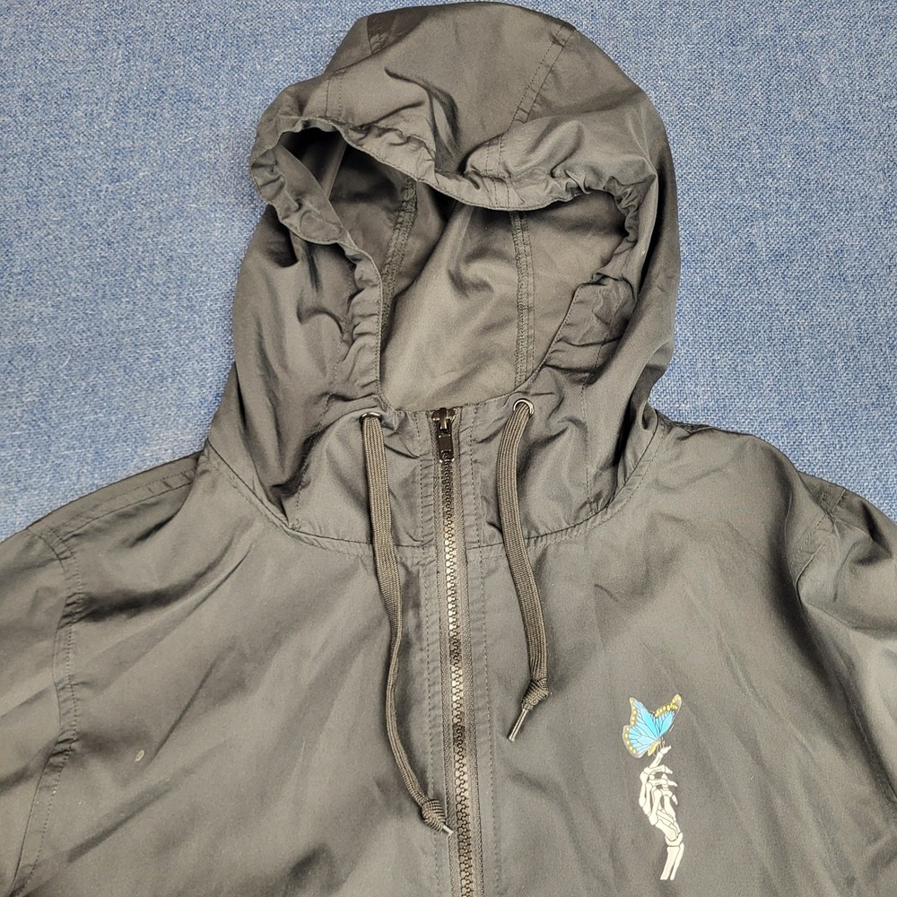 Empyre Mens Medium Black Butterfly Skeleton Hand Full Zip Hooded Windbreaker - Picture 7 of 12